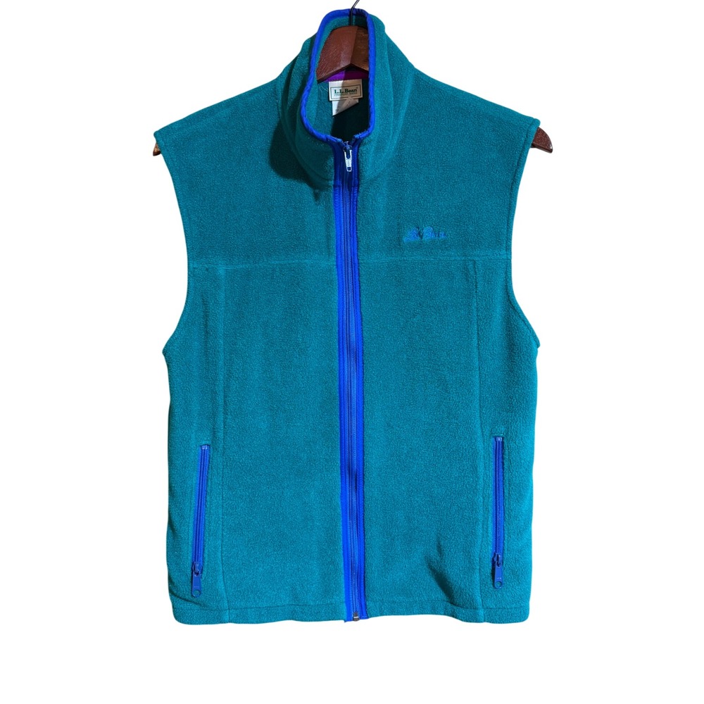 LL Bean Vintage Fleece Vest Teal Blue Full Zip Sleeveless Jacket Womens Small